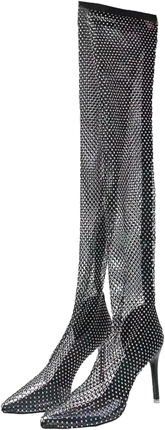 Combat Boots Womens Sexy See Through Rhinestone Over Knee Boots Fishnet Mesh High Heel Tall Long Boots
