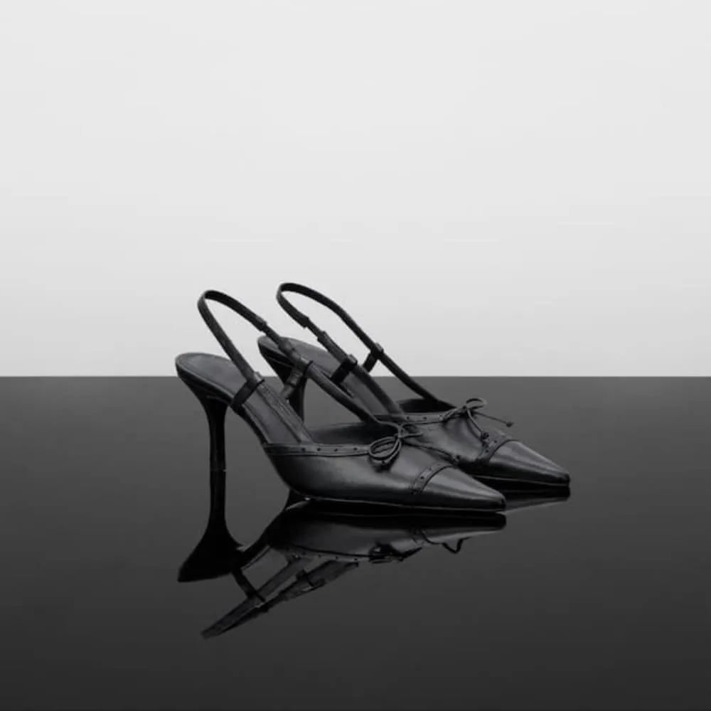 CORNMOOD Slingback Pumps for Women Black Bow Closed Pointed Toe Low Heels Slip On Stiletto Wedding Bride Dress Shoes