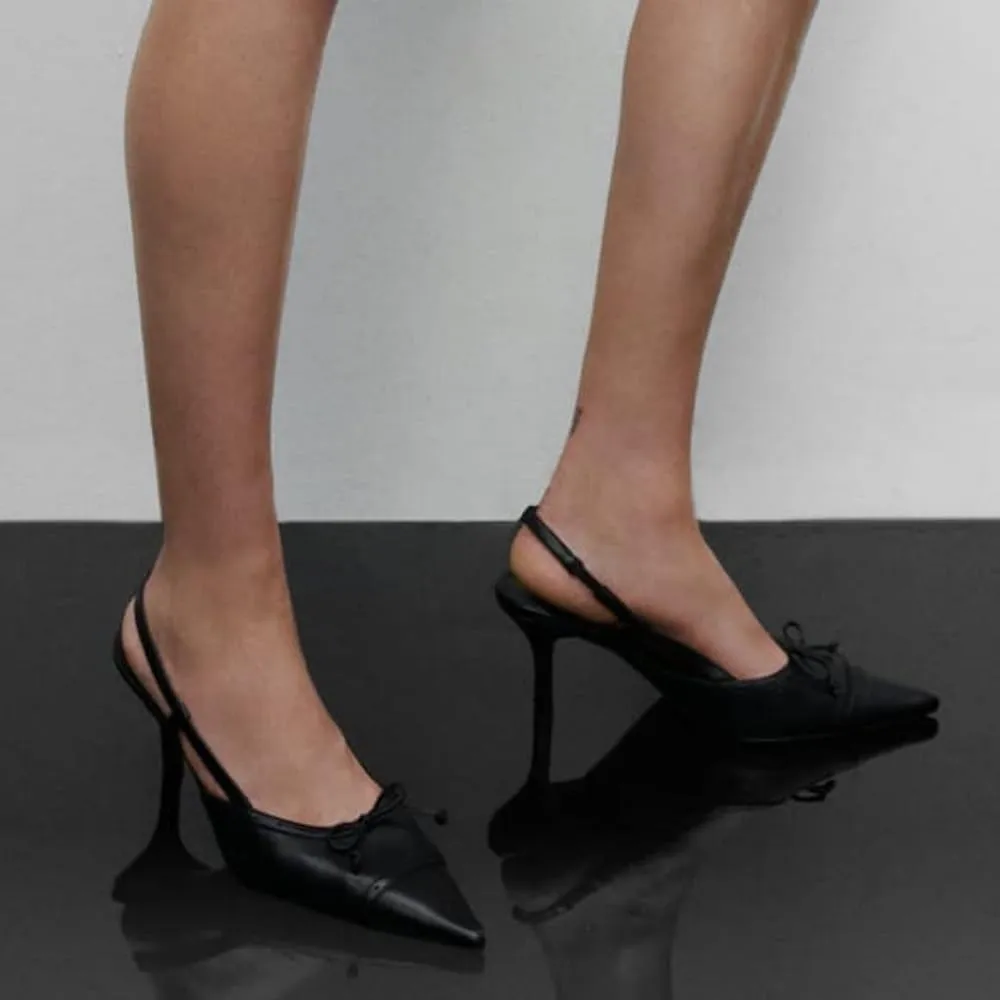 CORNMOOD Slingback Pumps for Women Black Bow Closed Pointed Toe Low Heels Slip On Stiletto Wedding Bride Dress Shoes
