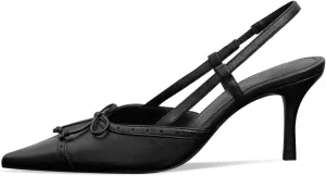CORNMOOD Slingback Pumps for Women Black Bow Closed Pointed Toe Low Heels Slip On Stiletto Wedding Bride Dress Shoes