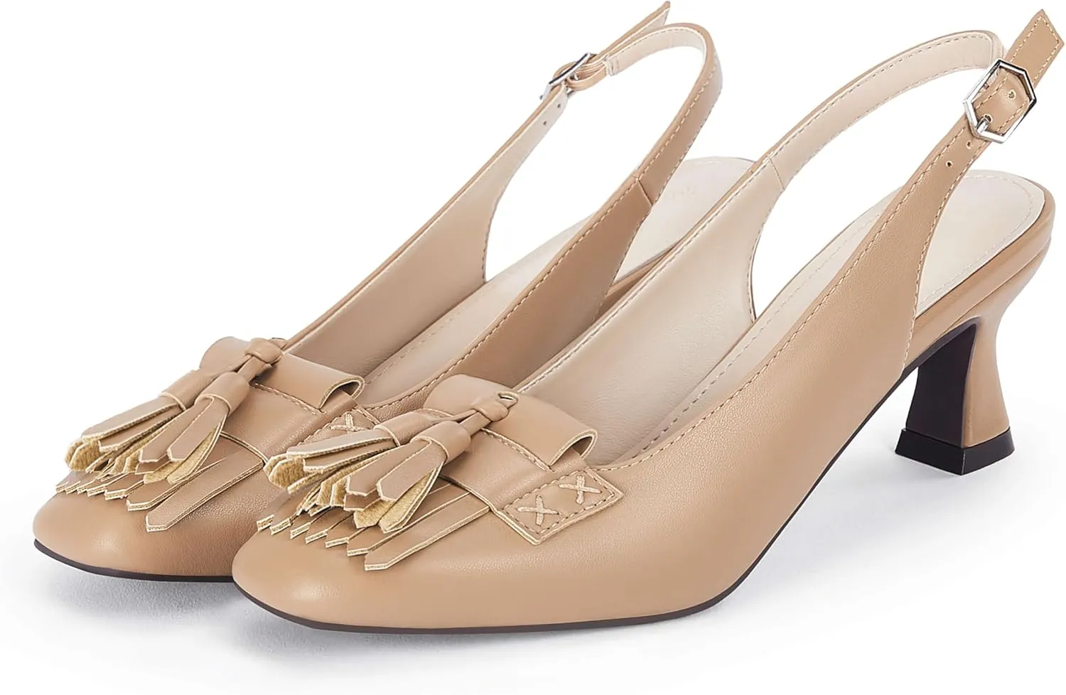 Coutgo Womens Slingback Kitten Heels Pumps Closed Square Toe Sexy Low Heel Tassels Party Wedding Dress Shoes