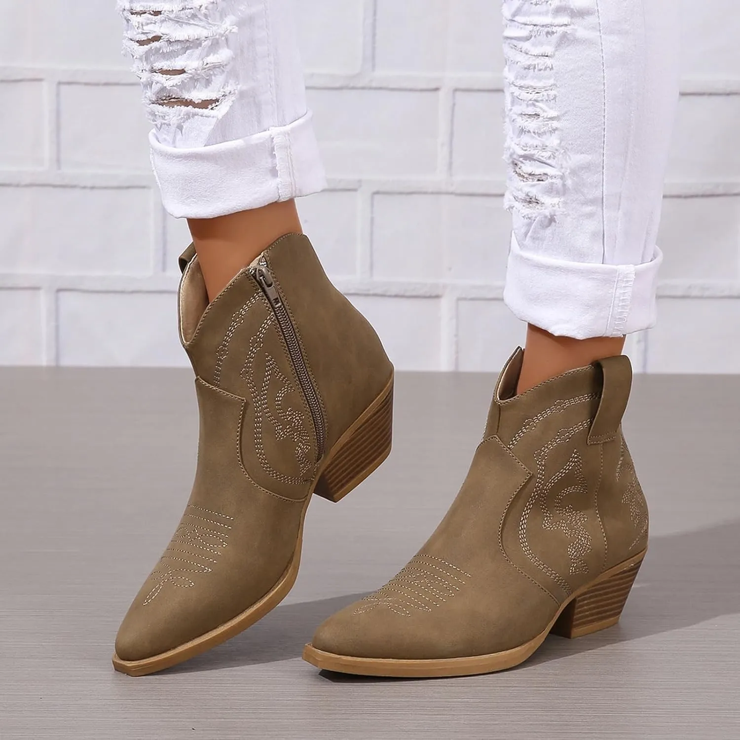 Cowboy Boots for Women Cowgirl Ankle Western Embroidered Stitched Pointed Toe Cutout Chunky Heels Short Booties