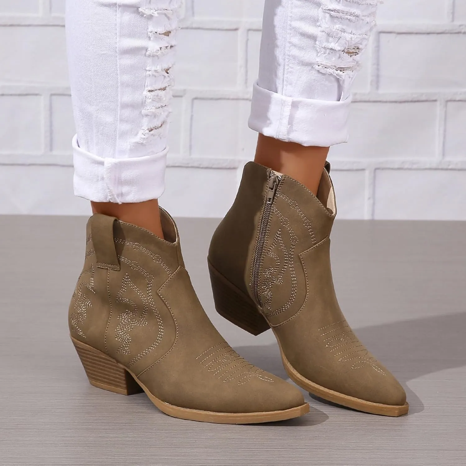 Cowboy Boots for Women Cowgirl Ankle Western Embroidered Stitched Pointed Toe Cutout Chunky Heels Short Booties