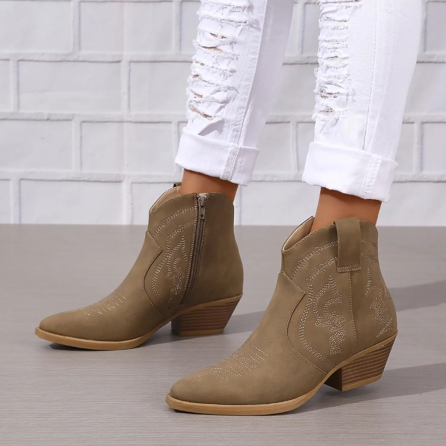 Cowboy Boots for Women Cowgirl Ankle Western Embroidered Stitched Pointed Toe Cutout Chunky Heels Short Booties