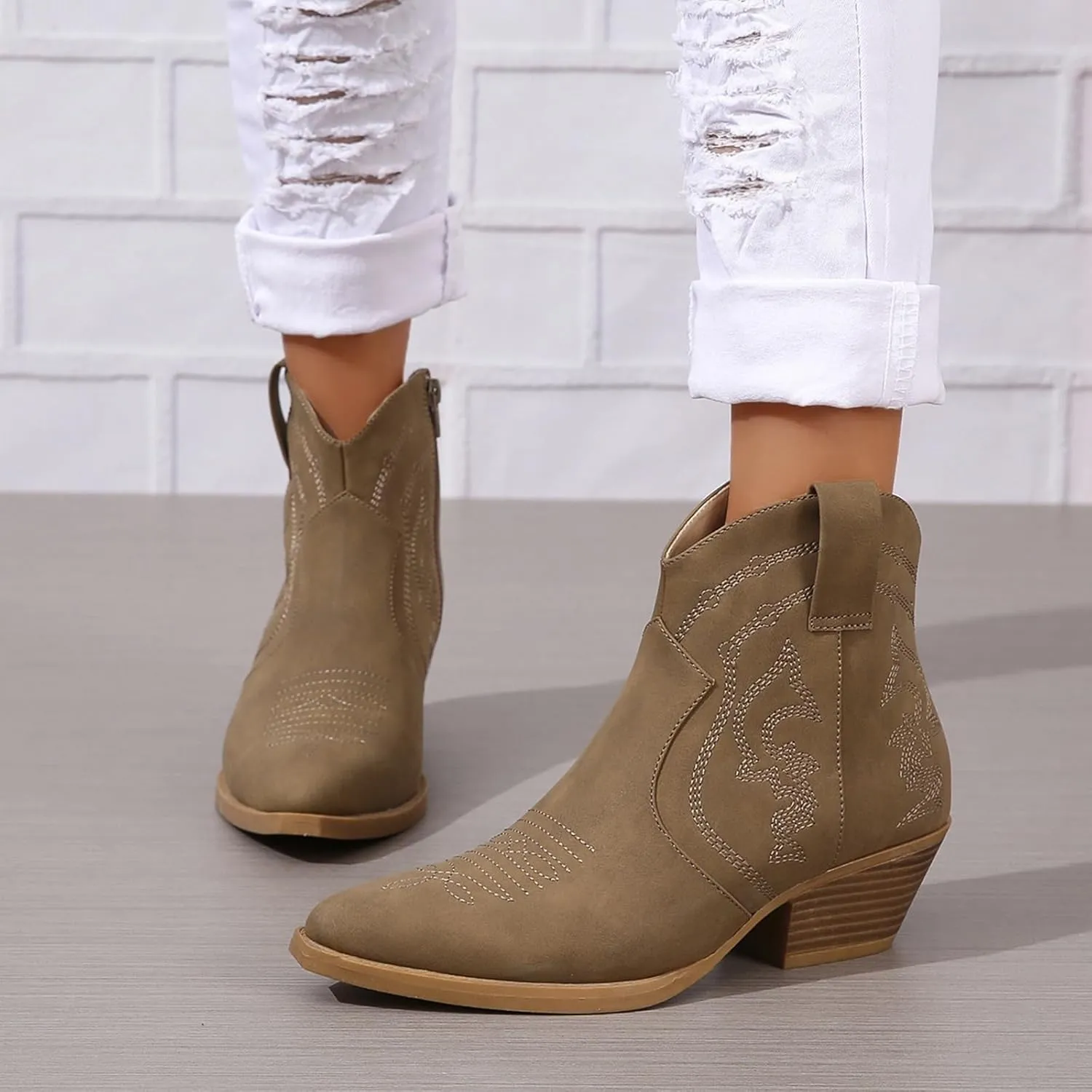Cowboy Boots for Women Cowgirl Ankle Western Embroidered Stitched Pointed Toe Cutout Chunky Heels Short Booties