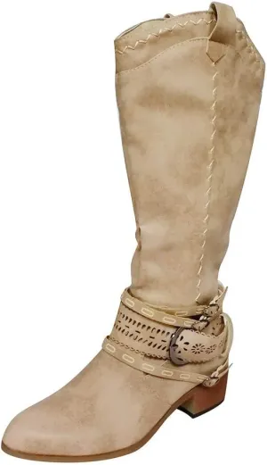 CsgrFagr Vintage Women's Flats Square Head Low-Heeled Western Rodeo Zipper Comfy Boots Wide Width High Heel Boots (Khaki, 6.5-7)