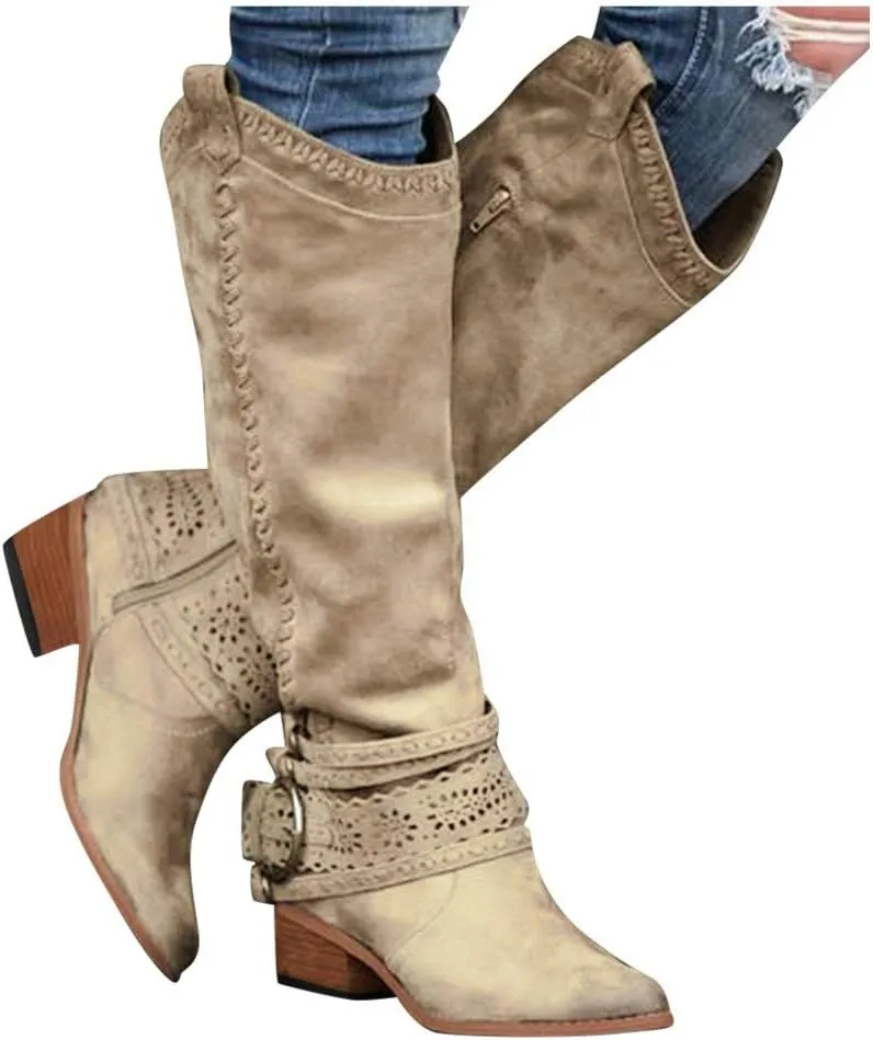 CsgrFagr Vintage Women's Flats Square Head Low-Heeled Western Rodeo Zipper Comfy Boots Wide Width High Heel Boots (Khaki, 6.5-7)