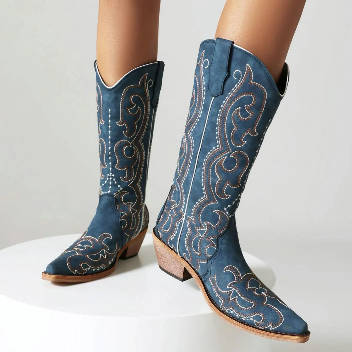 DINTAHA Denim Boots For Women,Navy Blue Cowboy Boots Mid Calf Cowgirl Boots Low Heel Embroidered Boots