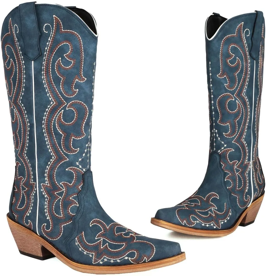 DINTAHA Denim Boots For Women,Navy Blue Cowboy Boots Mid Calf Cowgirl Boots Low Heel Embroidered Boots