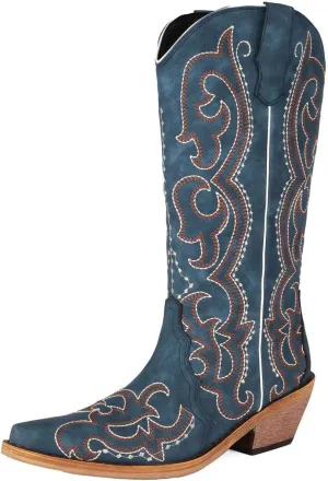 DINTAHA Denim Boots For Women,Navy Blue Cowboy Boots Mid Calf Cowgirl Boots Low Heel Embroidered Boots