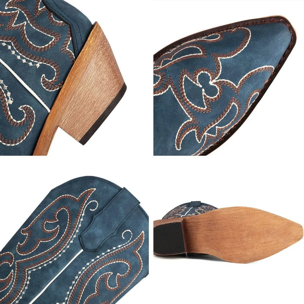 DINTAHA Denim Boots For Women,Navy Blue Cowboy Boots Mid Calf Cowgirl Boots Low Heel Embroidered Boots