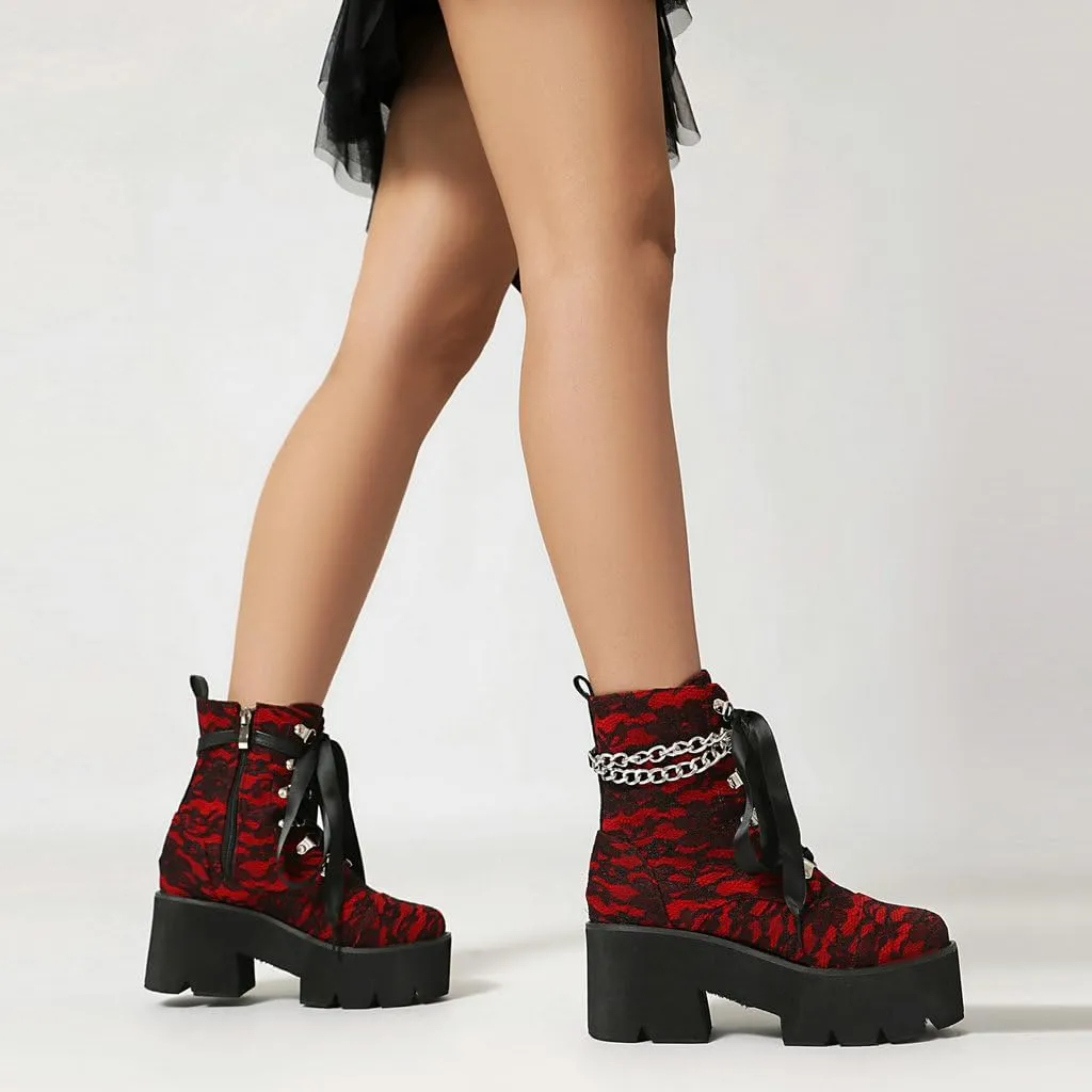 DINTAHA Goth Boots Platform Chunky Combat Boots With Chain Lace Up Gothic Shoes