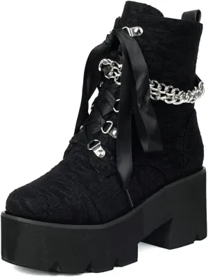 DINTAHA Goth Boots Platform Chunky Combat Boots With Chain Lace Up Gothic Shoes