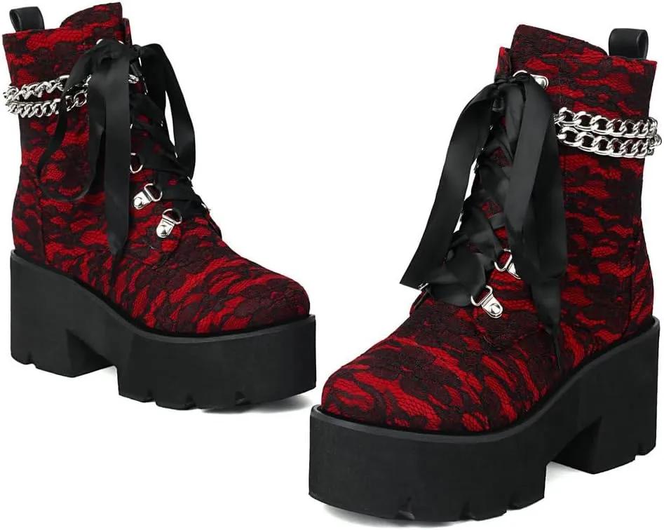 DINTAHA Goth Boots Platform Chunky Combat Boots With Chain Lace Up Gothic Shoes