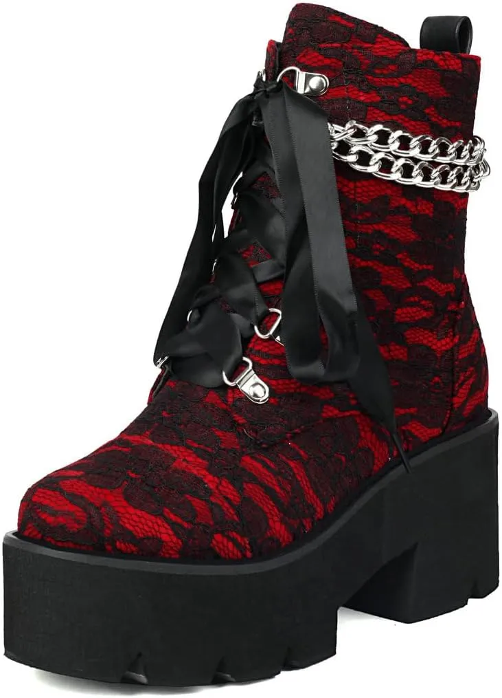 DINTAHA Goth Boots Platform Chunky Combat Boots With Chain Lace Up Gothic Shoes