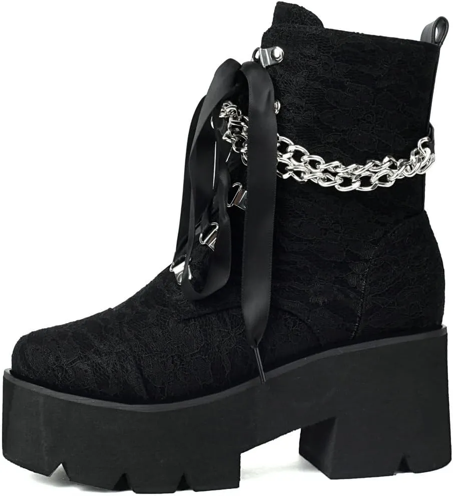 DINTAHA Goth Boots Platform Chunky Combat Boots With Chain Lace Up Gothic Shoes