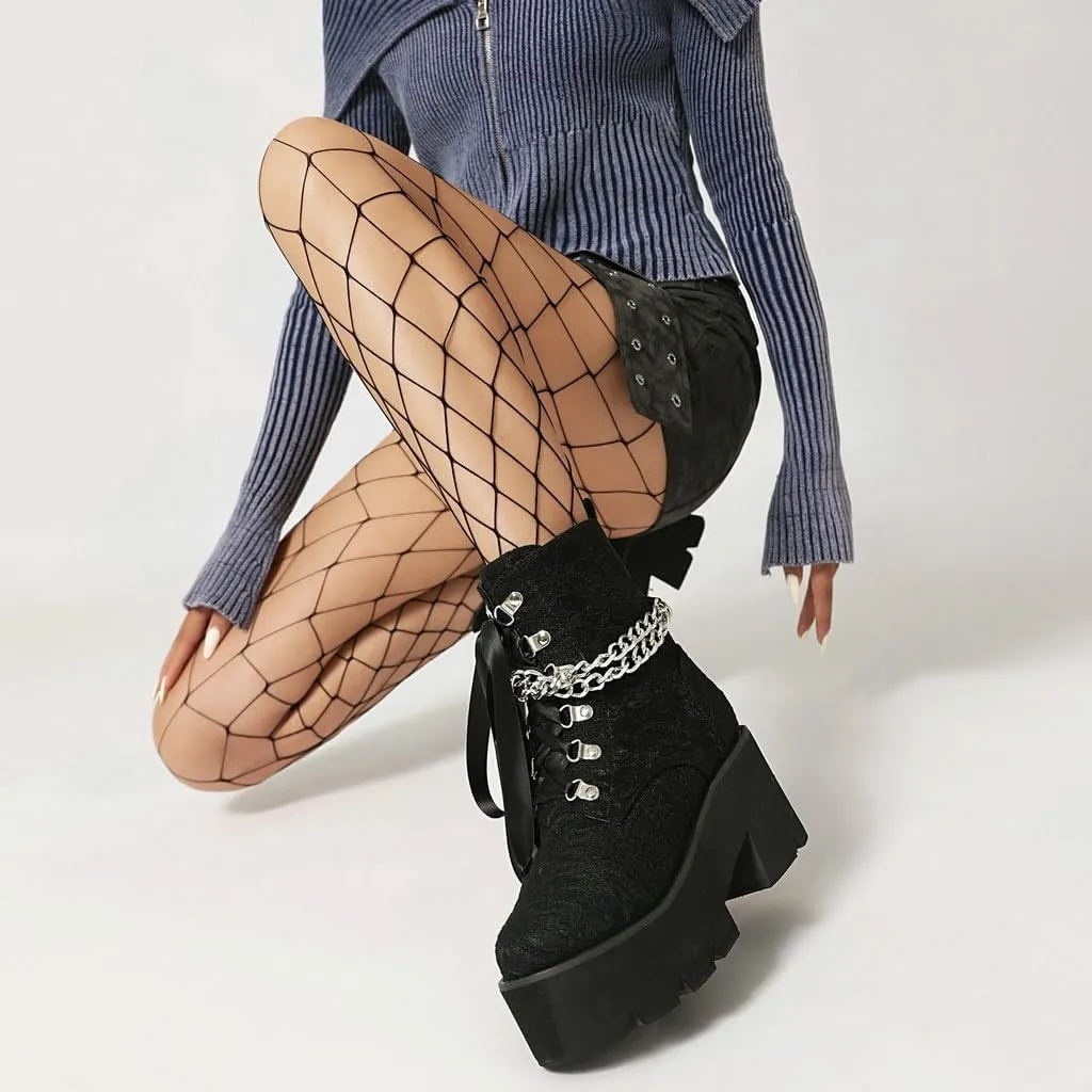 DINTAHA Goth Boots Platform Chunky Combat Boots With Chain Lace Up Gothic Shoes