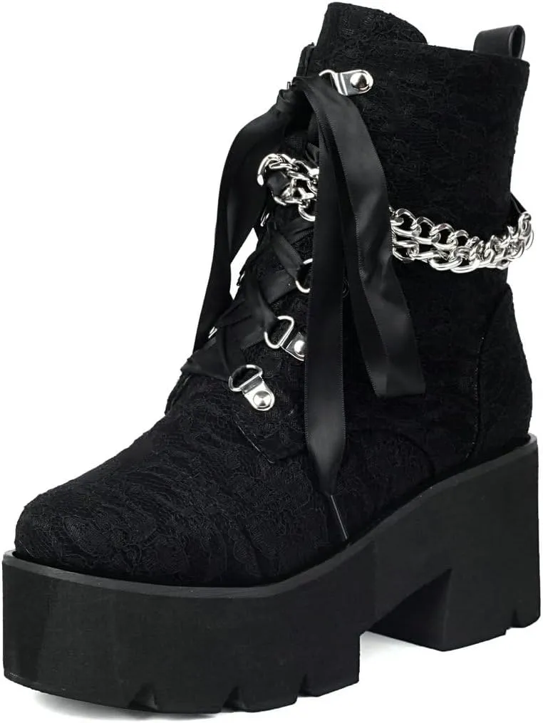 DINTAHA Goth Boots Platform Chunky Combat Boots With Chain Lace Up Gothic Shoes