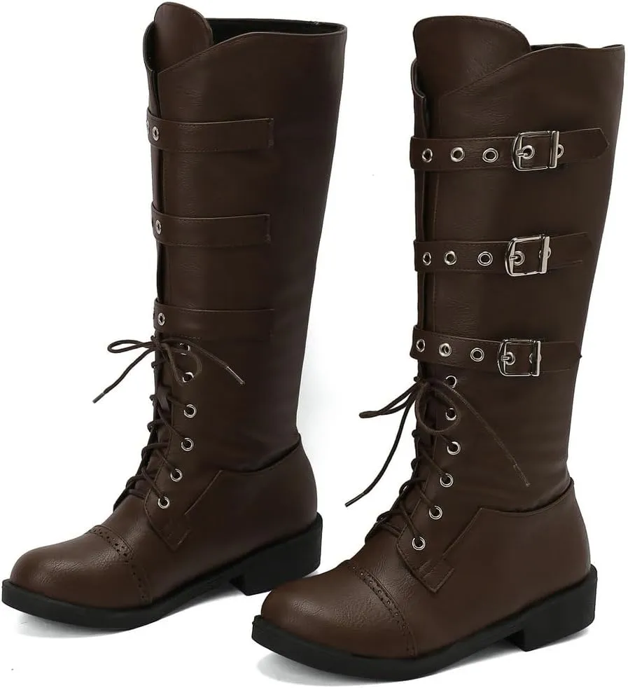 DINTAHA Goth Lace Up Knee High Combat Boots Low Heel Gothic Punk Boots with Buckles