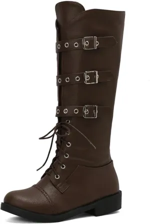 DINTAHA Goth Lace Up Knee High Combat Boots Low Heel Gothic Punk Boots with Buckles