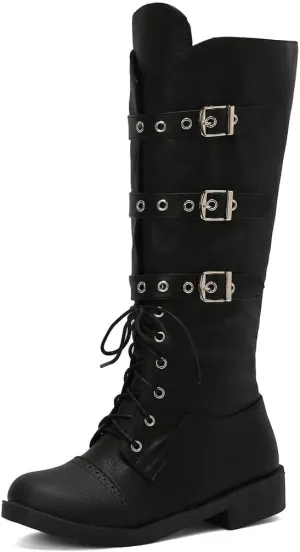 DINTAHA Goth Lace Up Knee High Combat Boots Low Heel Gothic Punk Boots with Buckles