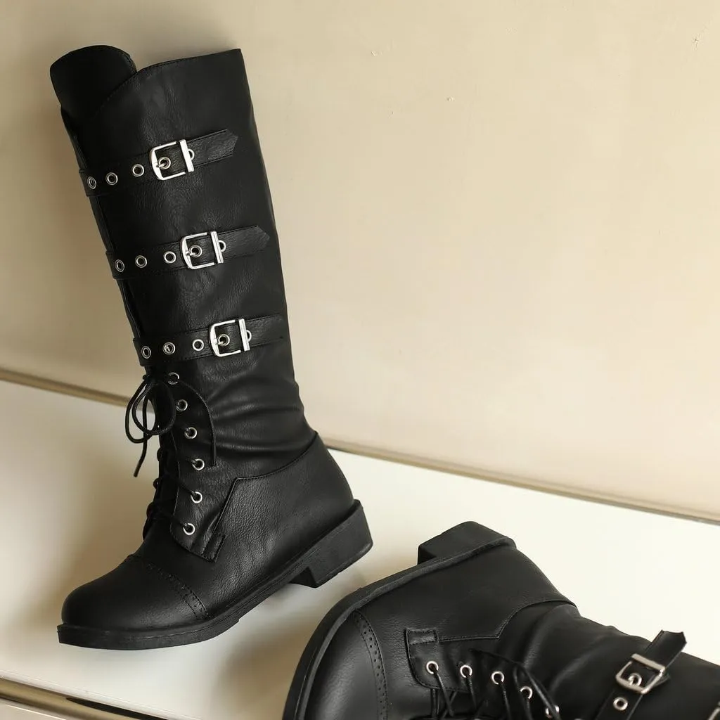 DINTAHA Goth Lace Up Knee High Combat Boots Low Heel Gothic Punk Boots with Buckles