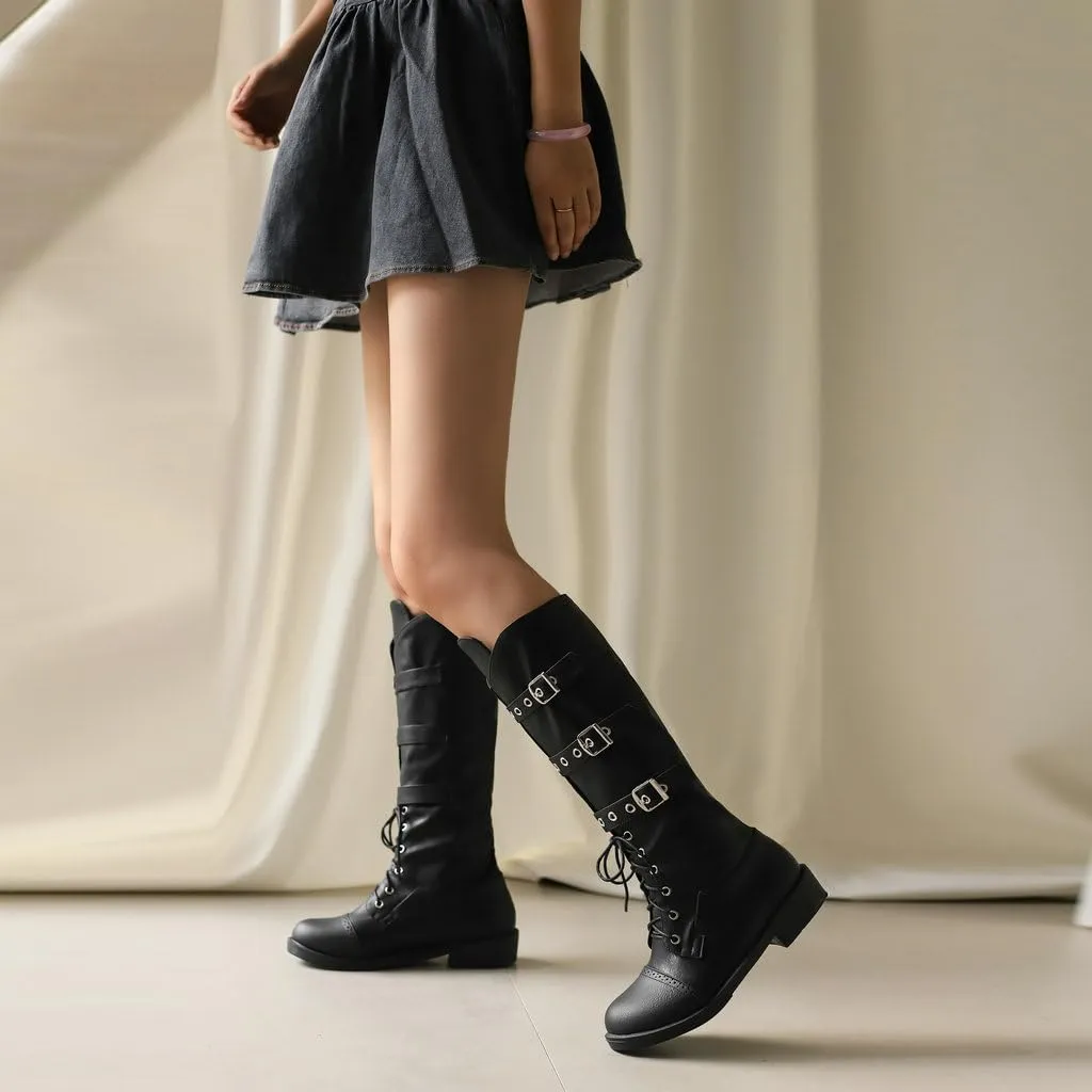 DINTAHA Goth Lace Up Knee High Combat Boots Low Heel Gothic Punk Boots with Buckles