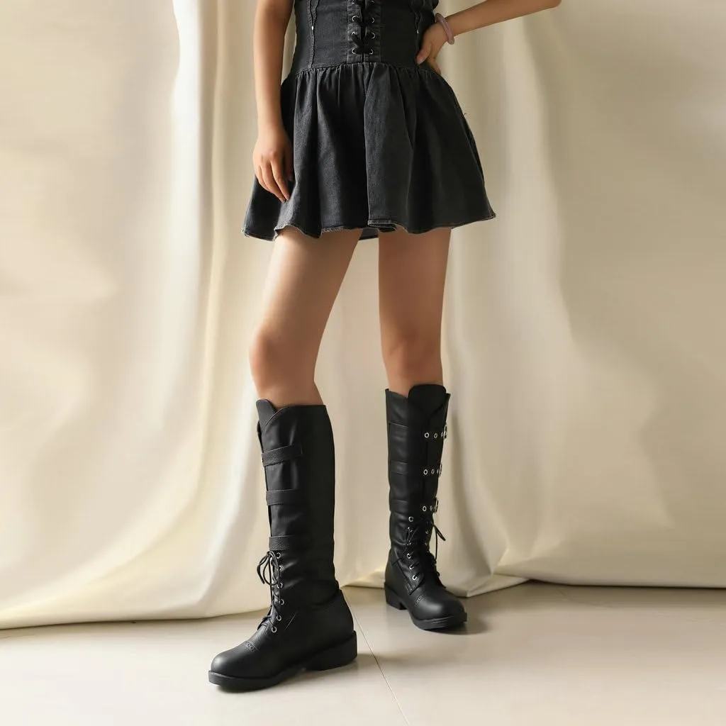 DINTAHA Goth Lace Up Knee High Combat Boots Low Heel Gothic Punk Boots with Buckles