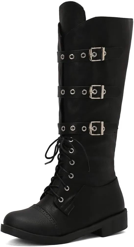 DINTAHA Goth Lace Up Knee High Combat Boots Low Heel Gothic Punk Boots with Buckles