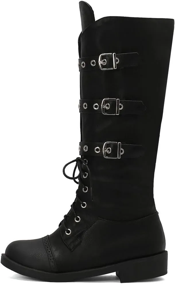 DINTAHA Goth Lace Up Knee High Combat Boots Low Heel Gothic Punk Boots with Buckles