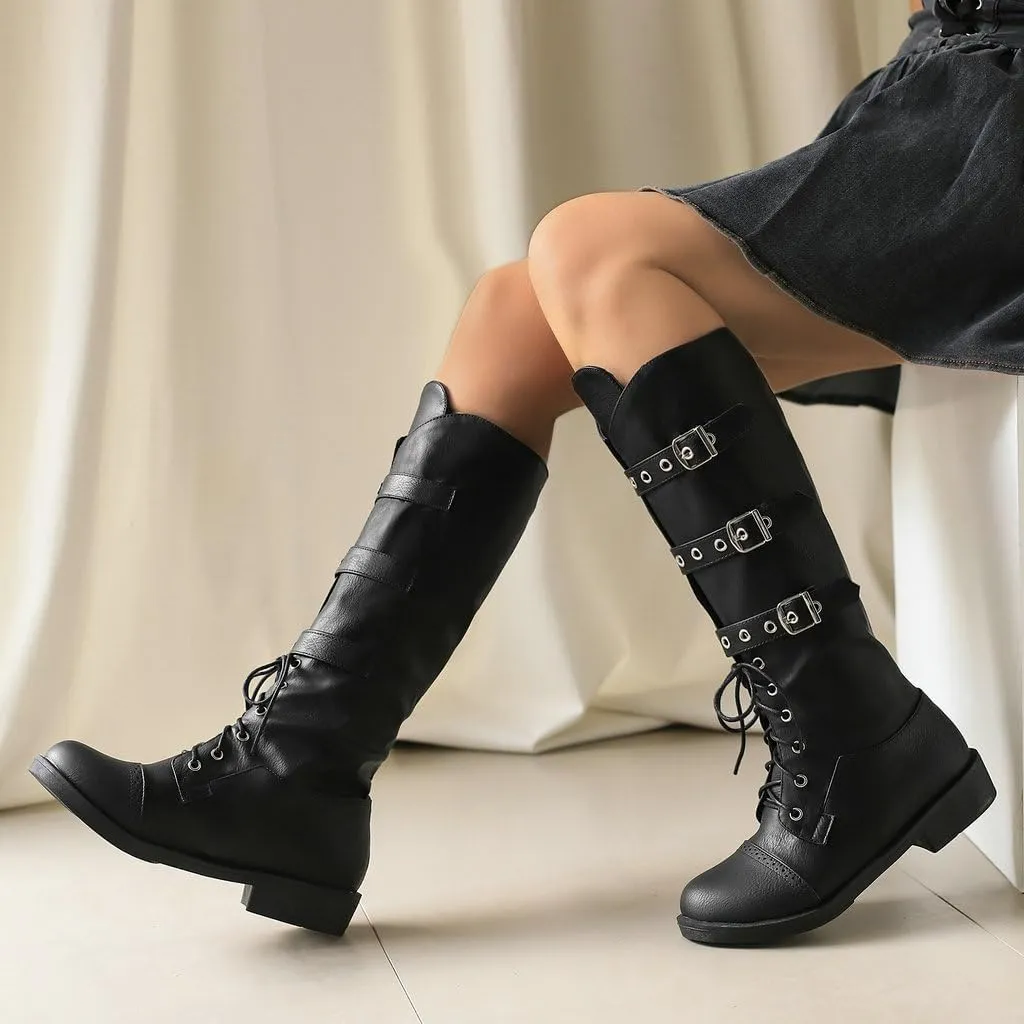 DINTAHA Goth Lace Up Knee High Combat Boots Low Heel Gothic Punk Boots with Buckles