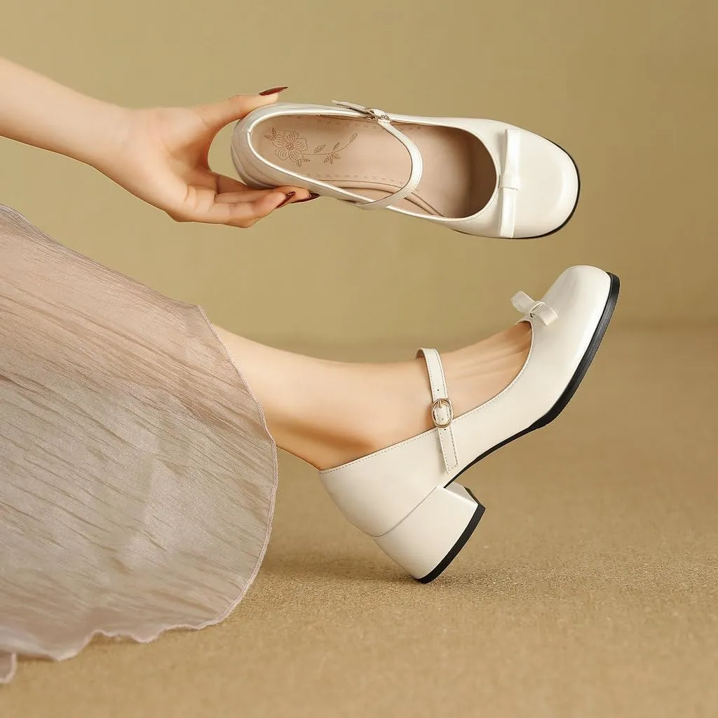 DINTAHA Womens Bow Chunky Heeled Patent Leather Mary Janes Kawaii Uniform Dress Shoes
