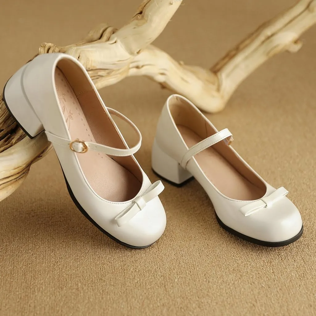 DINTAHA Womens Bow Chunky Heeled Patent Leather Mary Janes Kawaii Uniform Dress Shoes