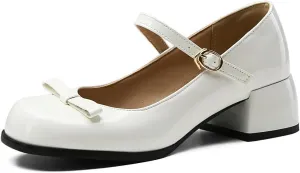 DINTAHA Womens Bow Chunky Heeled Patent Leather Mary Janes Kawaii Uniform Dress Shoes