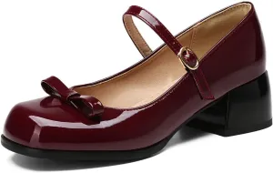DINTAHA Womens Bow Chunky Heeled Patent Leather Mary Janes Kawaii Uniform Dress Shoes