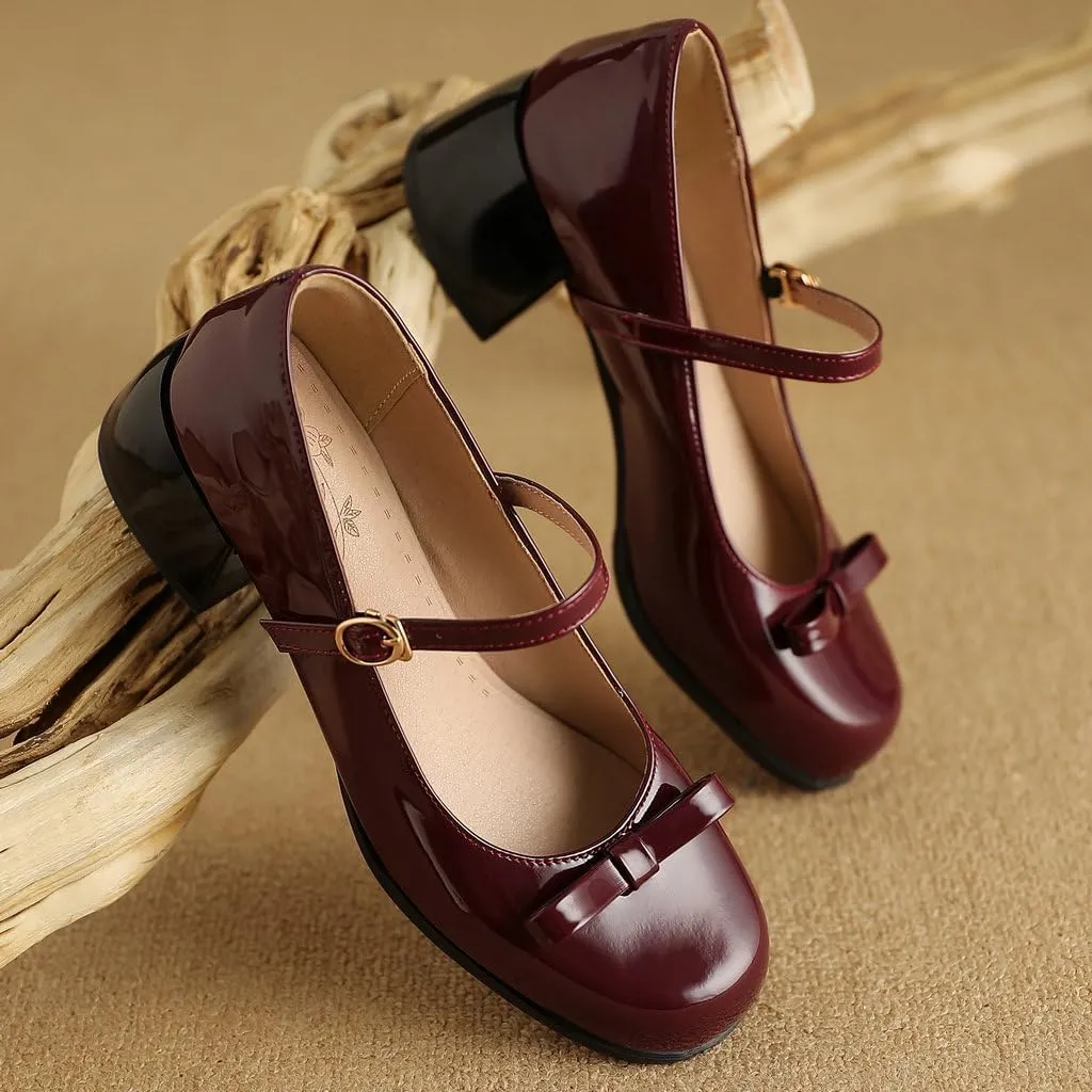 DINTAHA Womens Bow Chunky Heeled Patent Leather Mary Janes Kawaii Uniform Dress Shoes