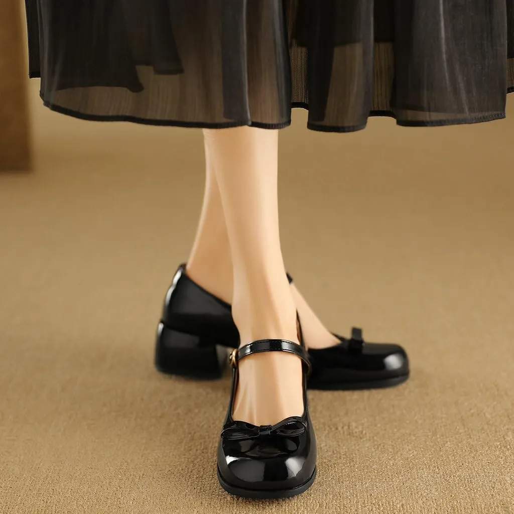 DINTAHA Womens Bow Chunky Heeled Patent Leather Mary Janes Kawaii Uniform Dress Shoes