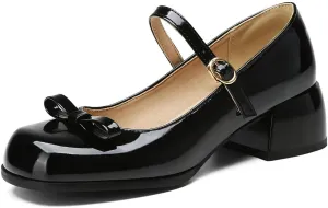 DINTAHA Womens Bow Chunky Heeled Patent Leather Mary Janes Kawaii Uniform Dress Shoes