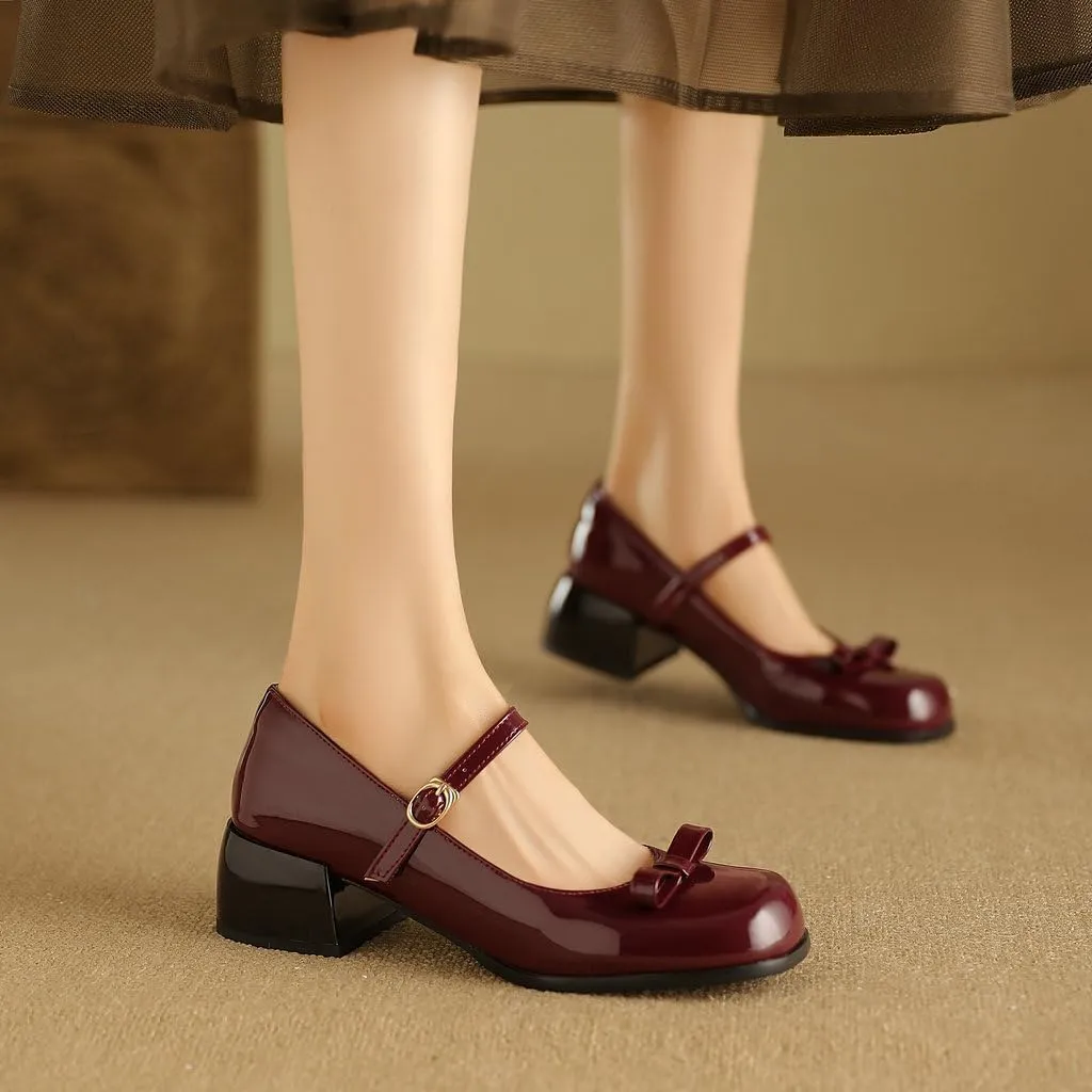 DINTAHA Womens Bow Chunky Heeled Patent Leather Mary Janes Kawaii Uniform Dress Shoes