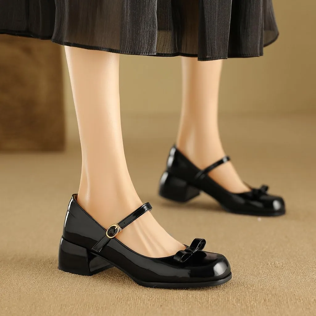 DINTAHA Womens Bow Chunky Heeled Patent Leather Mary Janes Kawaii Uniform Dress Shoes