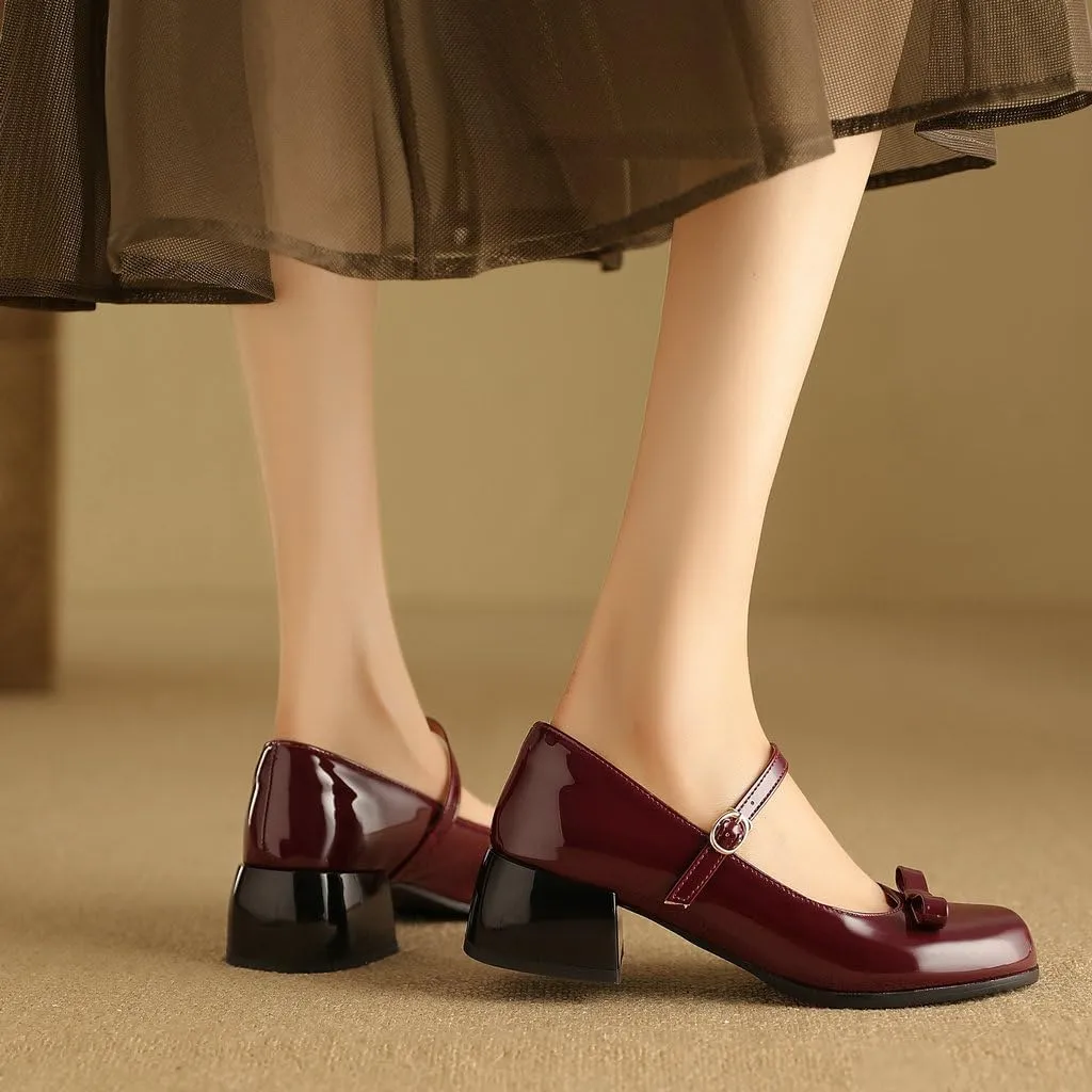 DINTAHA Womens Bow Chunky Heeled Patent Leather Mary Janes Kawaii Uniform Dress Shoes