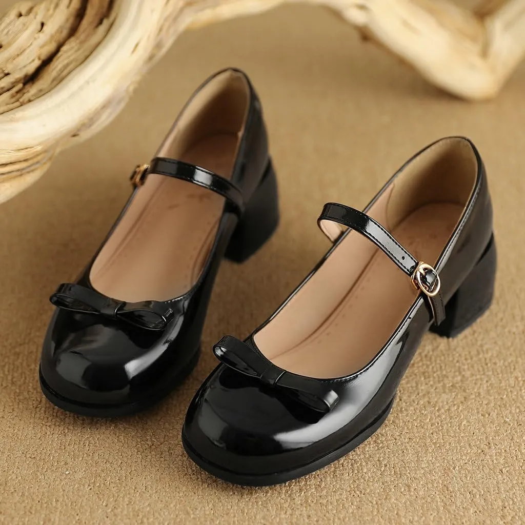DINTAHA Womens Bow Chunky Heeled Patent Leather Mary Janes Kawaii Uniform Dress Shoes