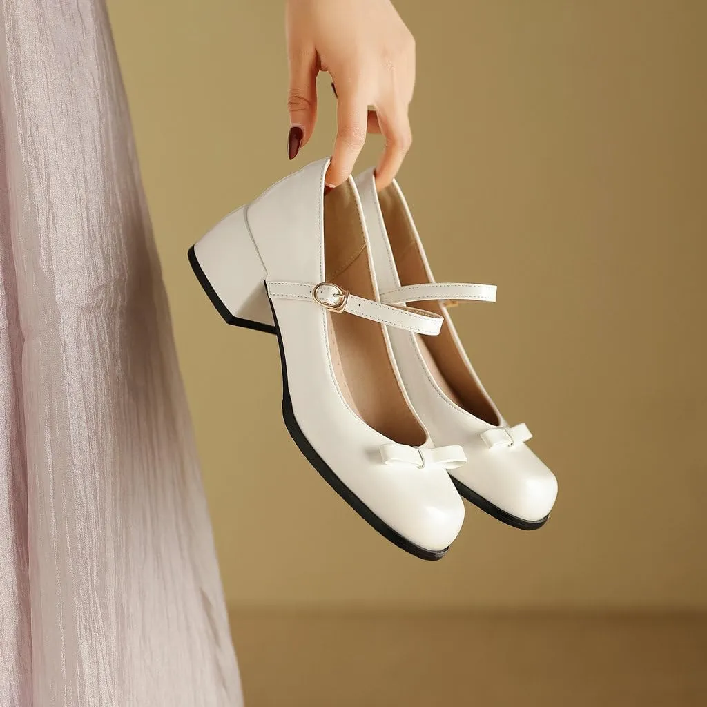 DINTAHA Womens Bow Chunky Heeled Patent Leather Mary Janes Kawaii Uniform Dress Shoes