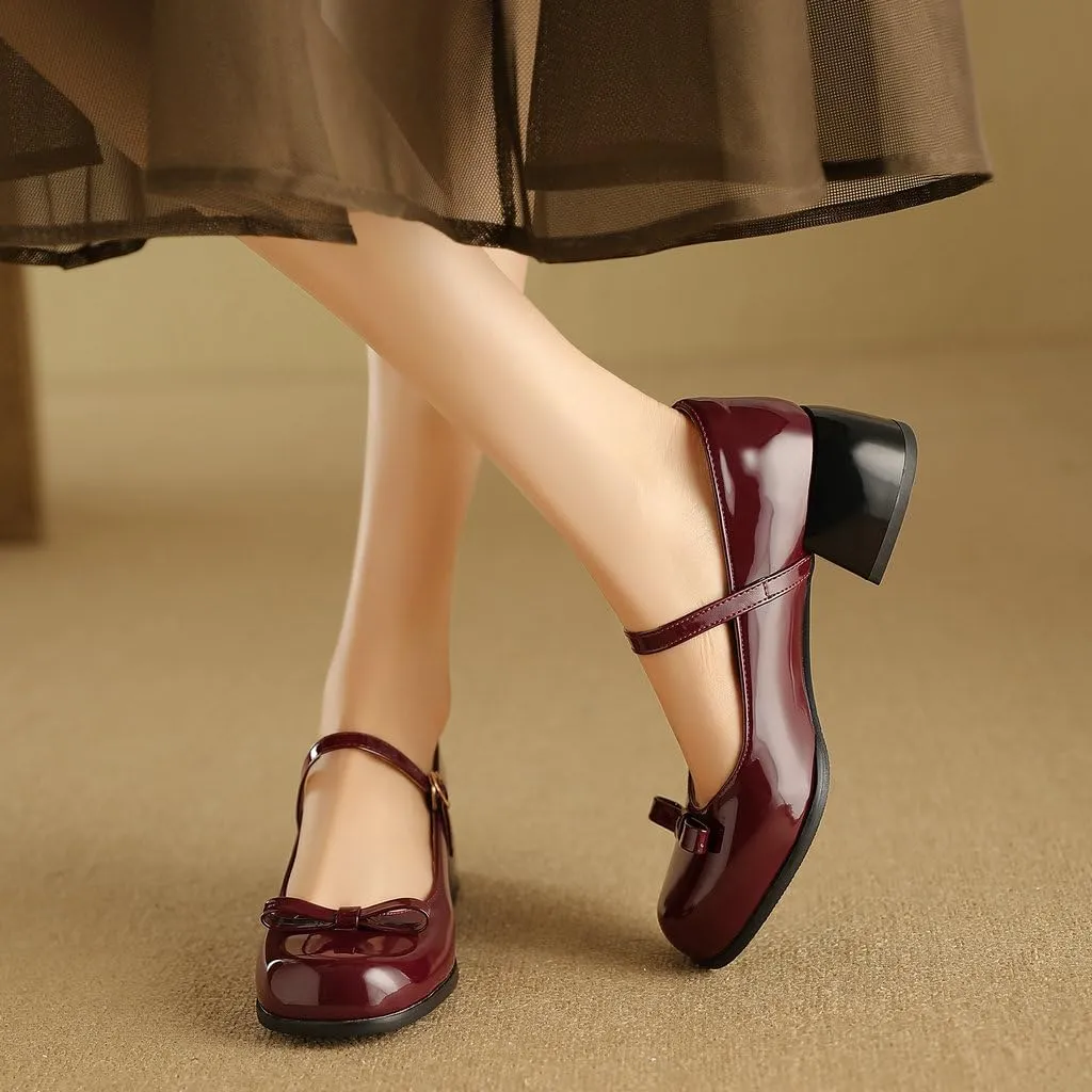 DINTAHA Womens Bow Chunky Heeled Patent Leather Mary Janes Kawaii Uniform Dress Shoes