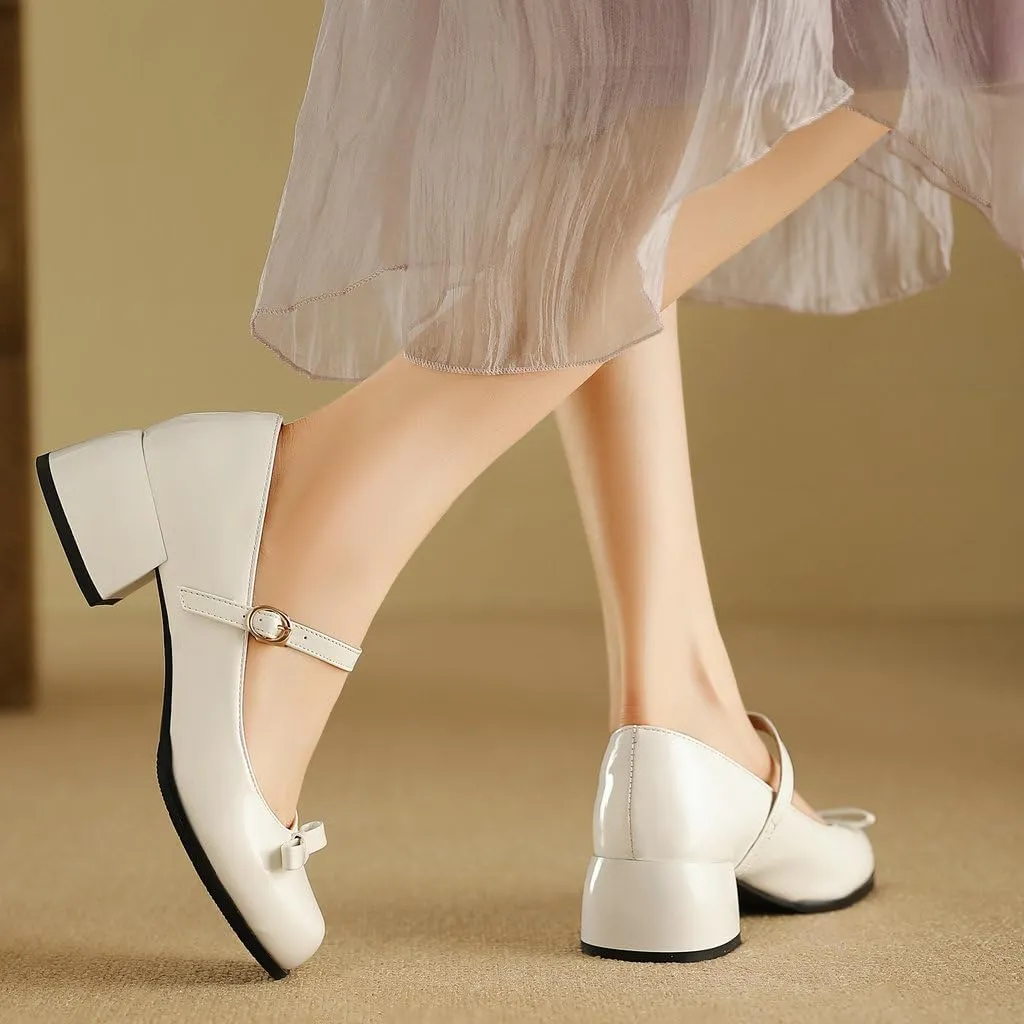 DINTAHA Womens Bow Chunky Heeled Patent Leather Mary Janes Kawaii Uniform Dress Shoes