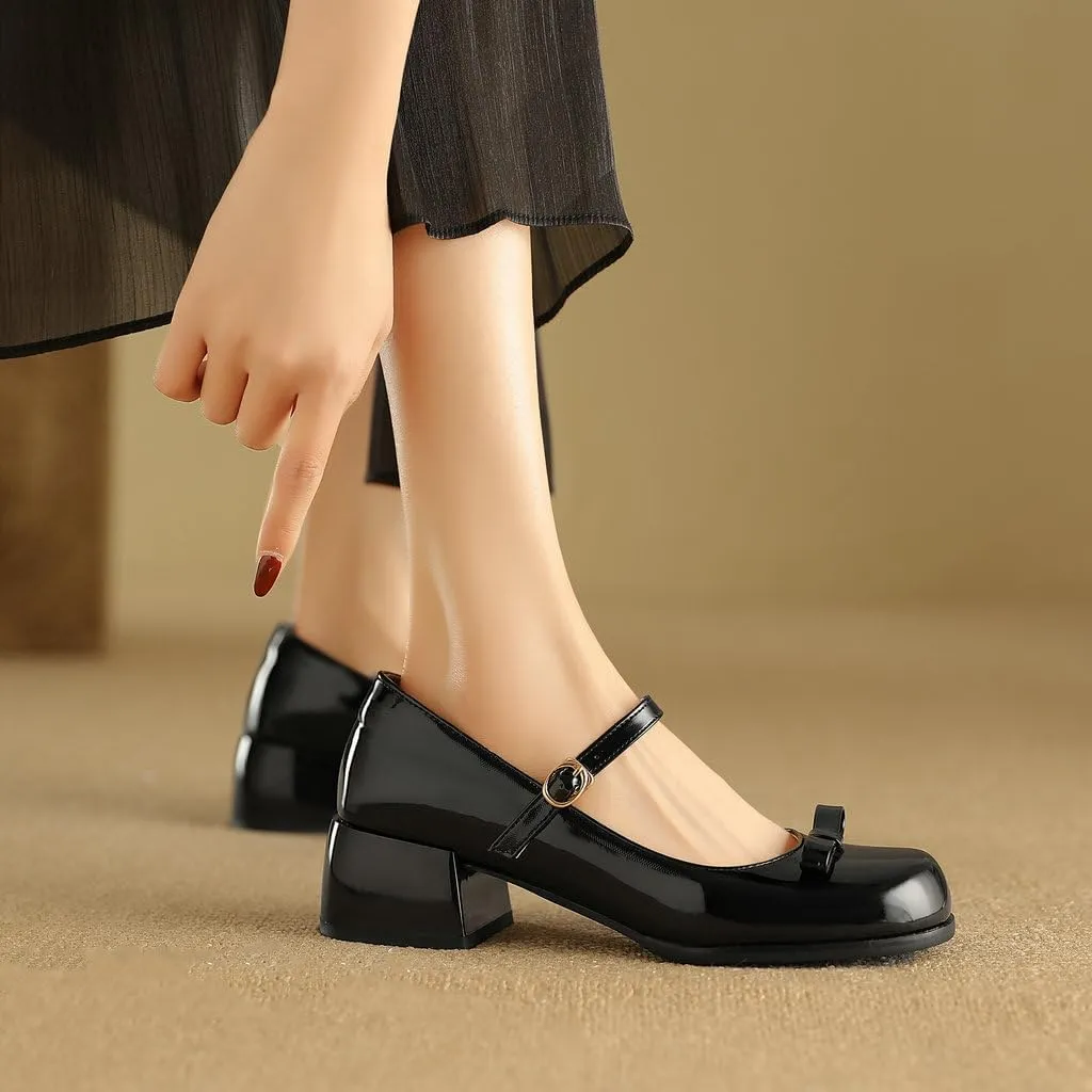 DINTAHA Womens Bow Chunky Heeled Patent Leather Mary Janes Kawaii Uniform Dress Shoes