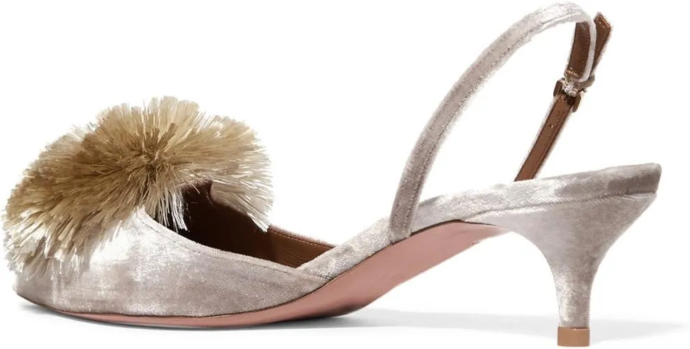 Divanne Pumps for Women, Low Heel Sandals Puff Pompom Slingback Pumps Pointed Toe Kitten Heels Evening Party Wedding Shoe