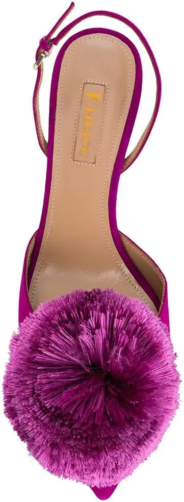 Divanne Pumps for Women, Low Heel Sandals Puff Pompom Slingback Pumps Pointed Toe Kitten Heels Evening Party Wedding Shoe