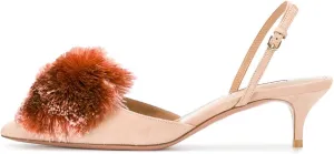 Divanne Pumps for Women, Low Heel Sandals Puff Pompom Slingback Pumps Pointed Toe Kitten Heels Evening Party Wedding Shoe