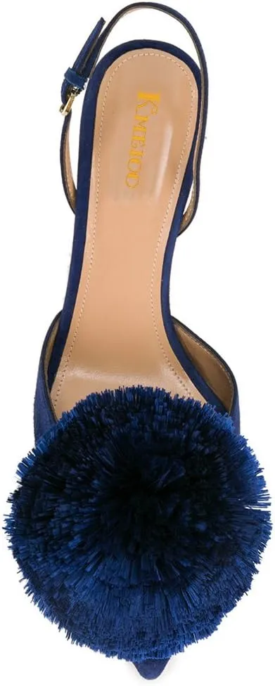 Divanne Pumps for Women, Low Heel Sandals Puff Pompom Slingback Pumps Pointed Toe Kitten Heels Evening Party Wedding Shoe